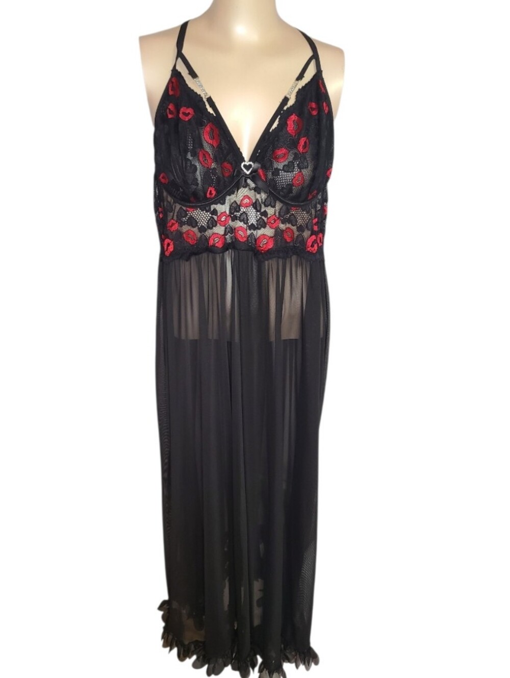 Red Kiss Lips Lace Babydoll Chemise Nightgown Rhinestone Heart 2XL